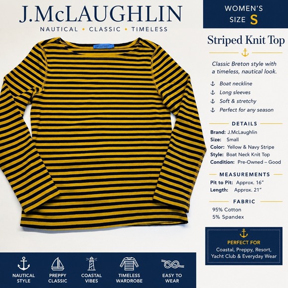 J. McLaughlin Tops - J McLaughlin Striped Knit Top Womens Small Yellow Navy Breton Boat Neck Preppy